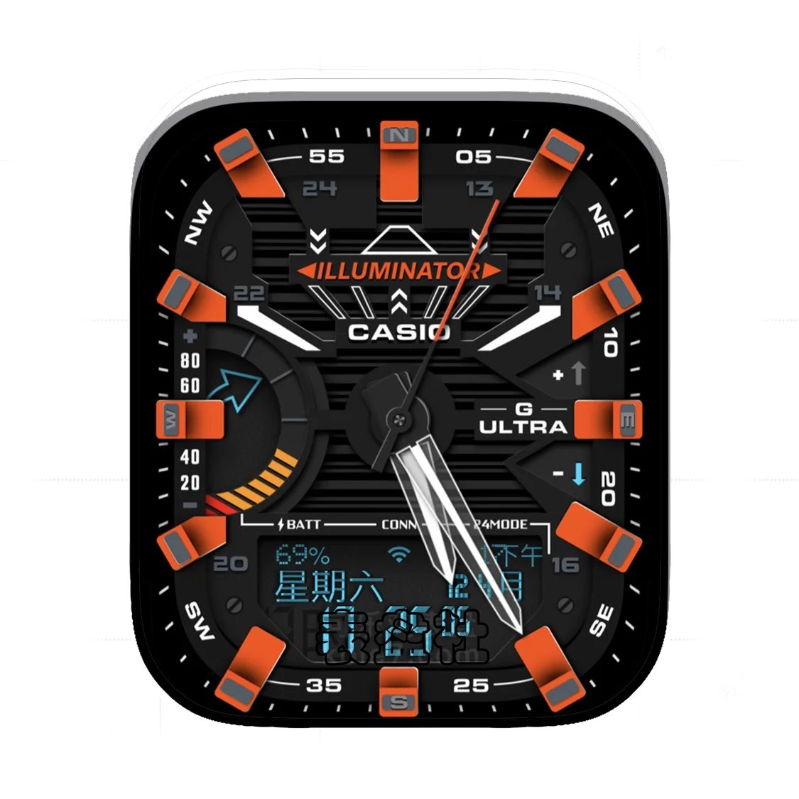 Casio卡西欧酷黑橙3D质感简约数字Ultra专用表盘