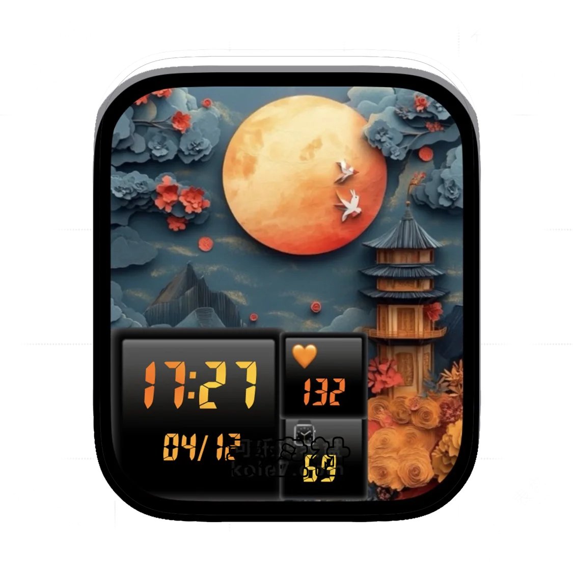 AI中式月落孤亭简约数字表盘