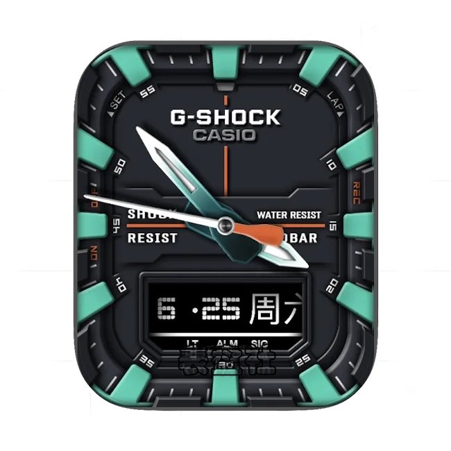 G-SHOCK卡西欧黑绿色日期时间表盘