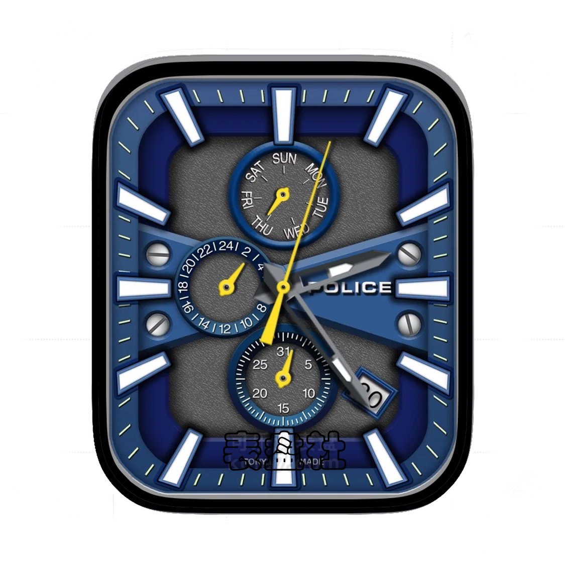 POLICE意大利警察绅士蓝高级三盘式年历表盘