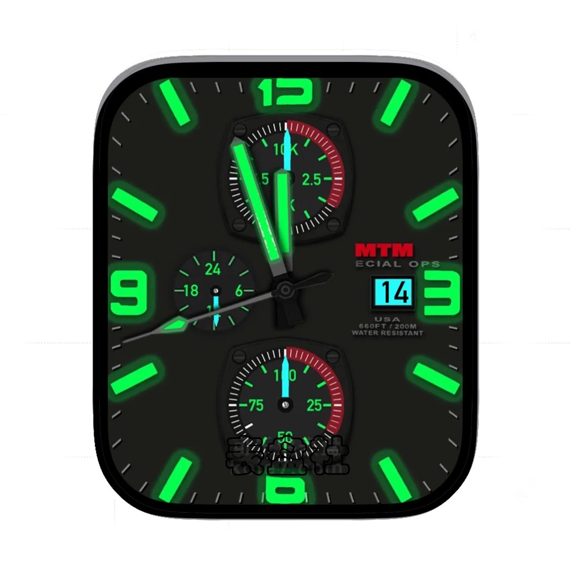 MTM酷黑荧光绿三盘式简约数字表盘