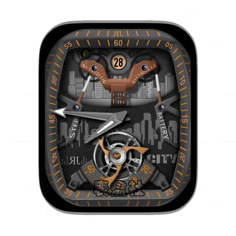 RJ高级3D城市剪影灰底机械齿轮Ultra专用表盘