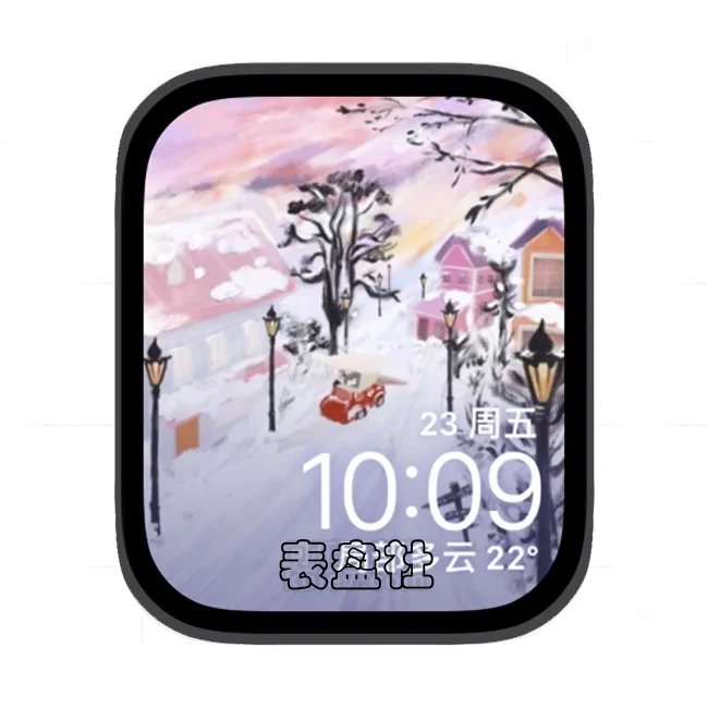 村庄雪景插画苹果手表iwatch壁纸表盘