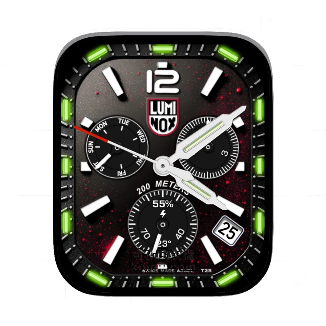 luminox雷美诺时夜光绿三盘式年历表盘