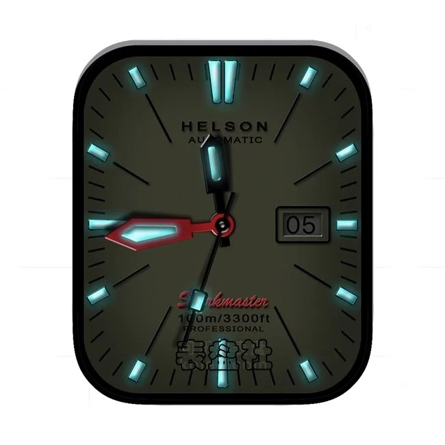 Helson 赫尔森暗绿色底荧光蓝年历指针简约表盘