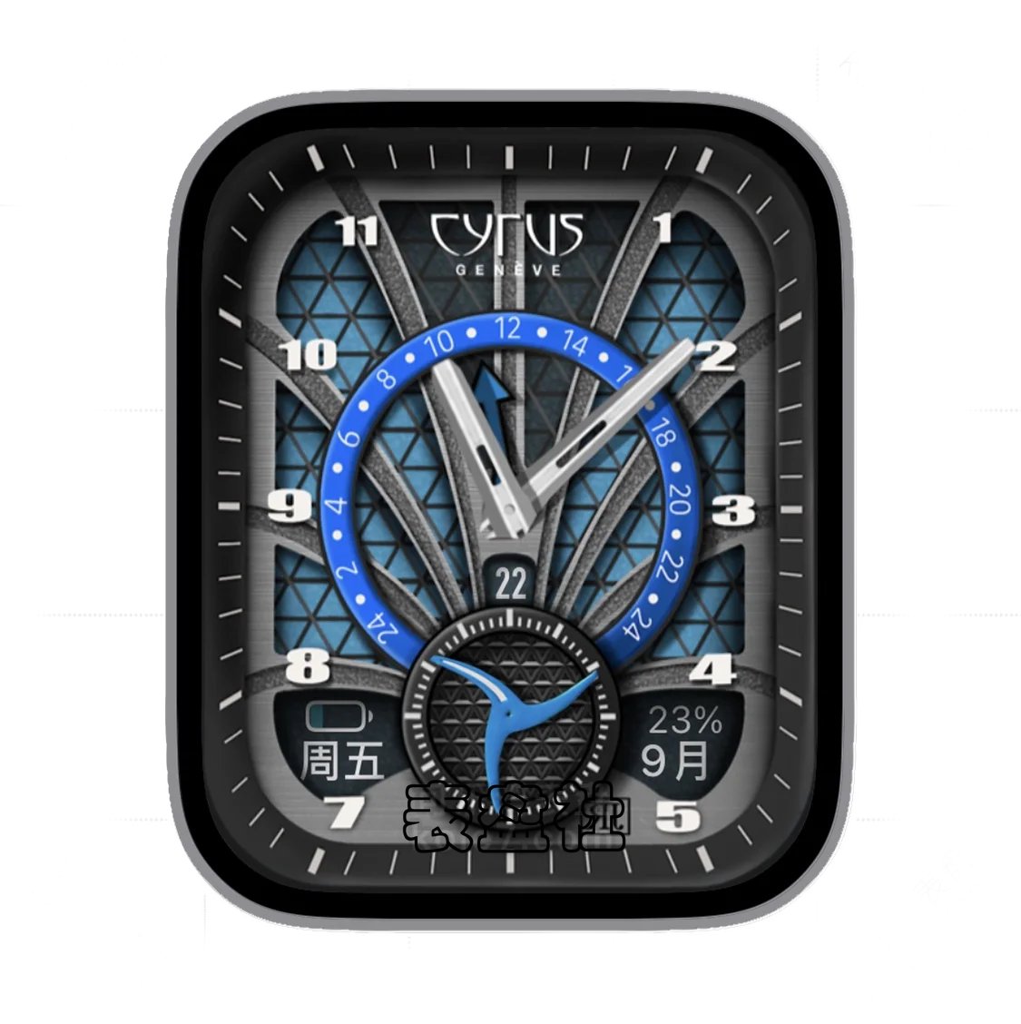 炭黑蓝双盘式数字日期年历指针表盘