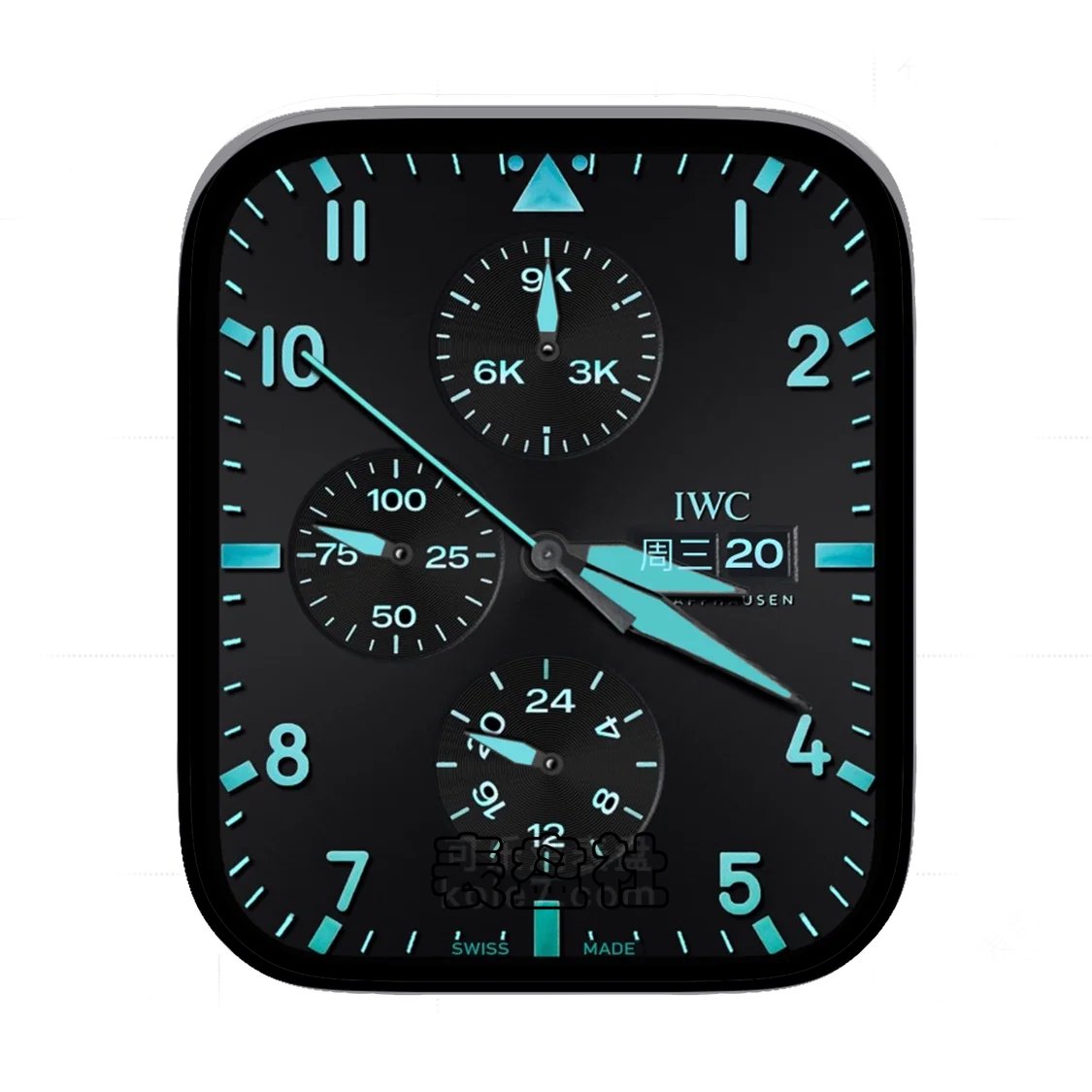 WC万国黑盘夜光绿三盘式年历表盘