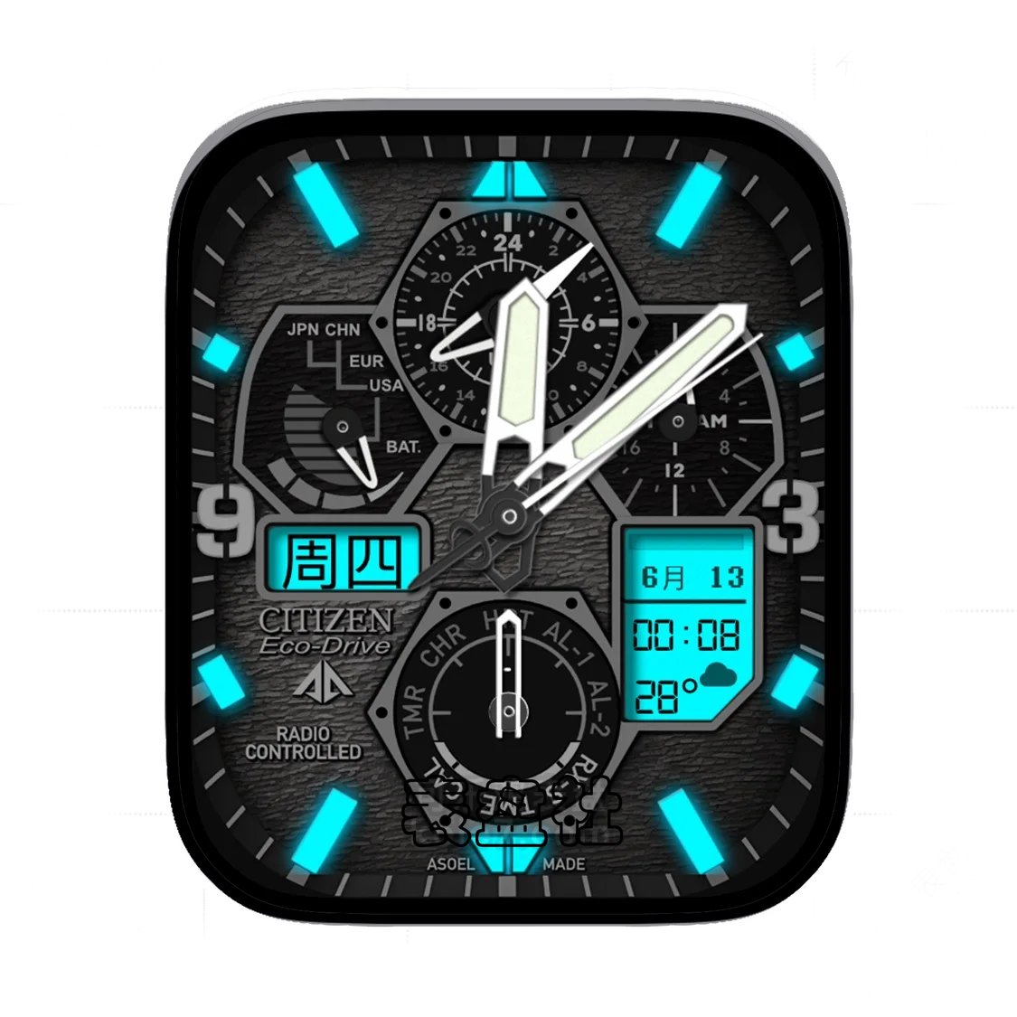 CITIZEN西铁城高级多盘式复杂功能夜光蓝Ultra专用表盘