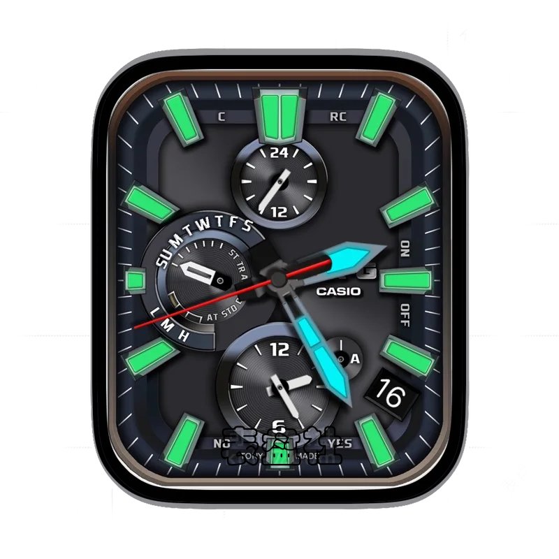 CASIO卡西欧绿色刻度蓝色指针黑色三盘表盘表盘