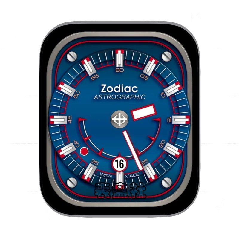 Zodiac瑞士苏蒂亚深蓝色背景红色刻度表盘表盘