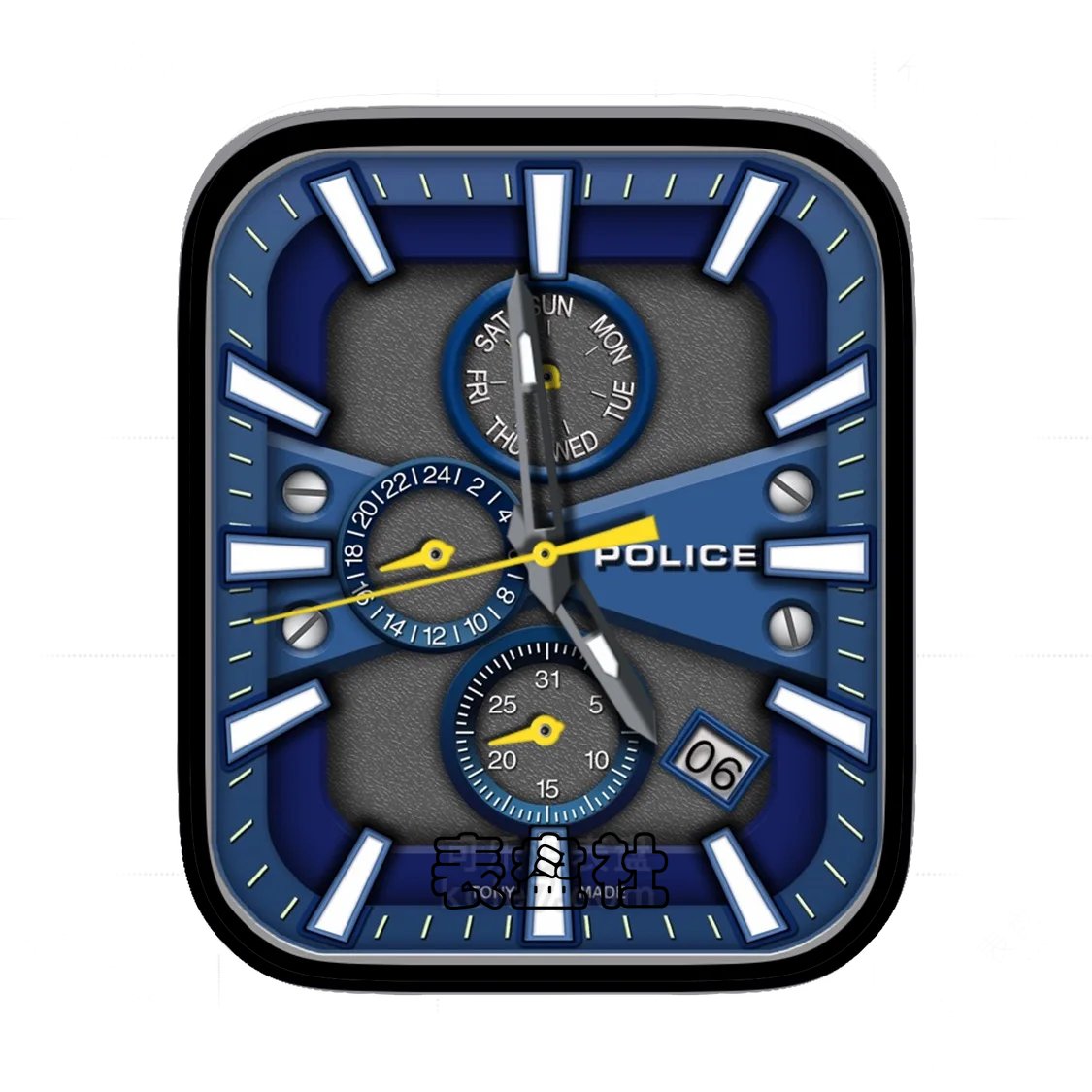 POLICE警察高级蓝灰磨砂质感三盘式年历表盘