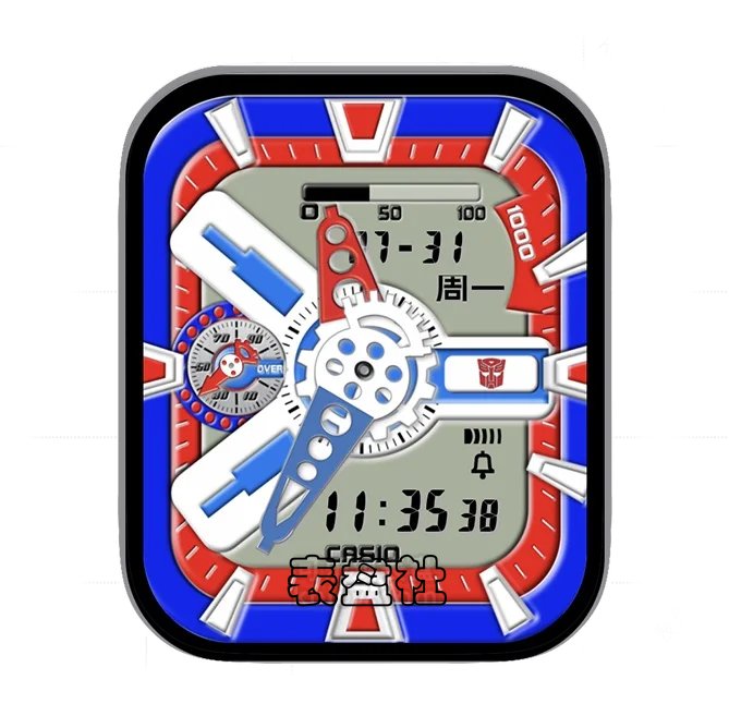 CASIO卡西欧蓝红色电子齿轮单盘式日期时间表盘