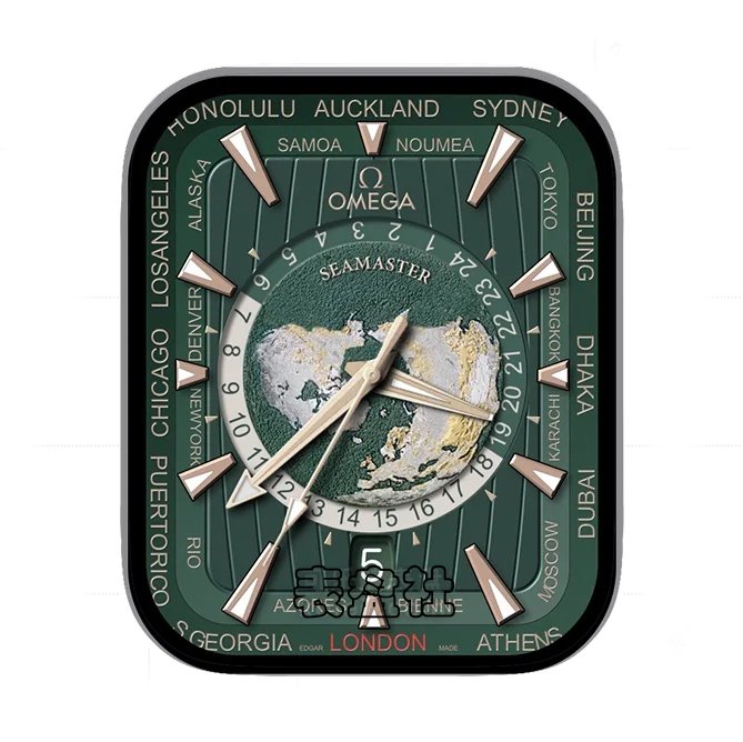 OMEGA欧米茄绿色底地球大圆盘年历指针表盘