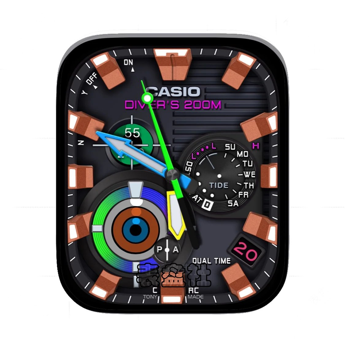 CASIO三盘多色复杂黑橙黄蓝色表盘