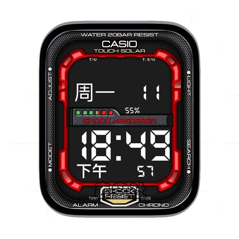 CASIO TOUCHISOLAR卡西欧上下分屏数字时间酷黑红表盘