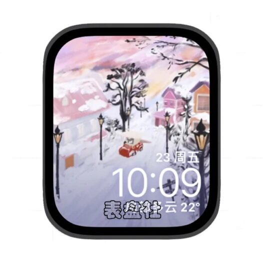 村庄雪景插画苹果手表iwatch壁纸表盘