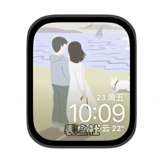 情侣河边漫步插画苹果手表iwatch壁纸表盘