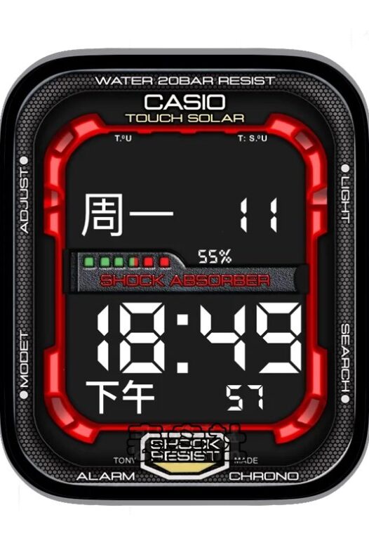 CASIO TOUCHISOLAR卡西欧上下分屏数字时间酷黑红表盘